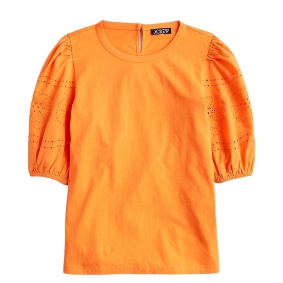 J.crew Broken-in jersey puff-sleeve eyelet Top Vivid Tangerine BQ893 Sz Small - Picture 1 of 7